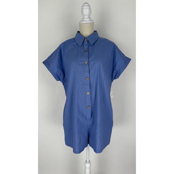 Better Be Womens Blue Button Up Short Sleeve Cotton Romper Collared Large NWT - Picture 1 of 13